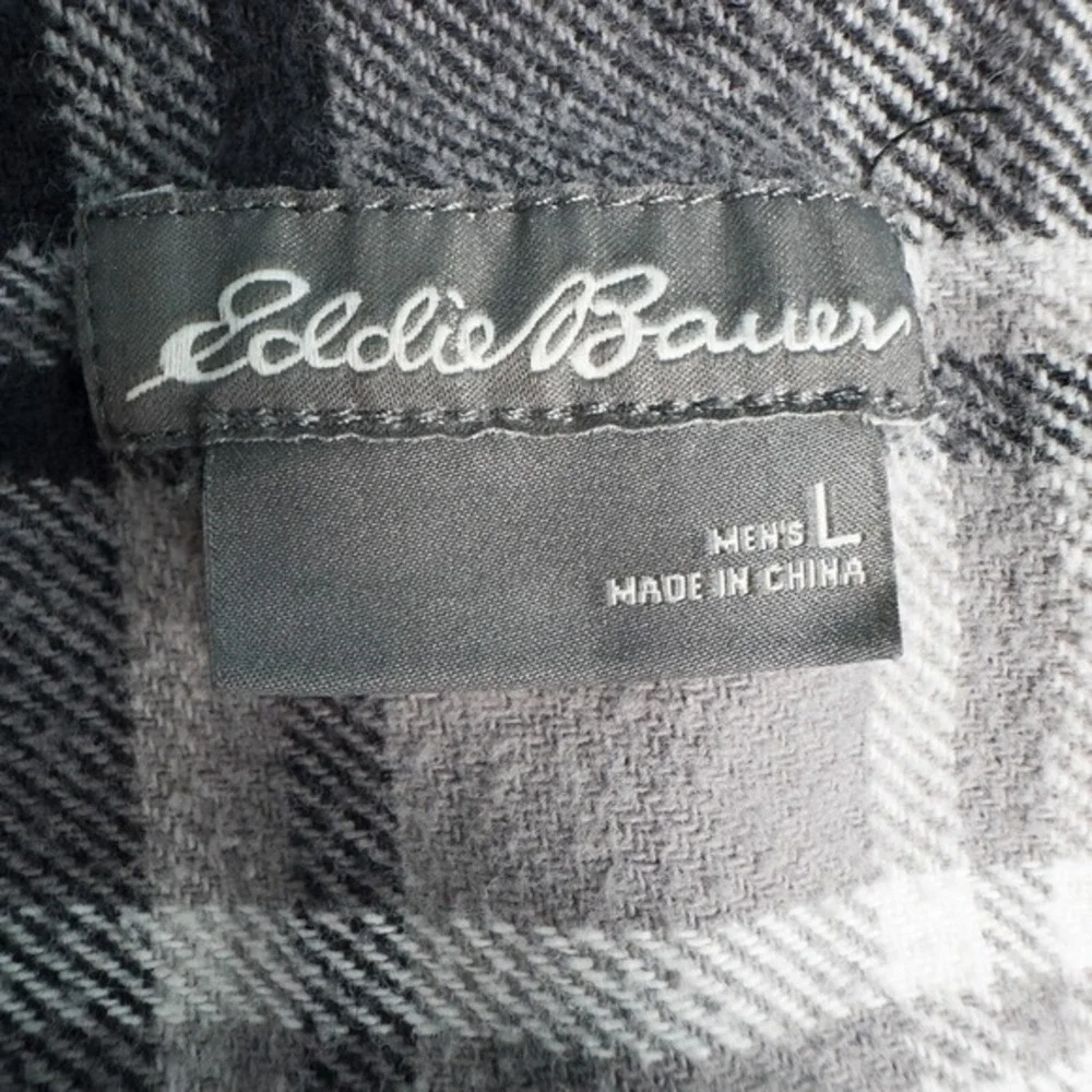 Eddie Bauer Mens Everyday Flex Flannel Plaid Button Down Shirt Large Gray Cotton